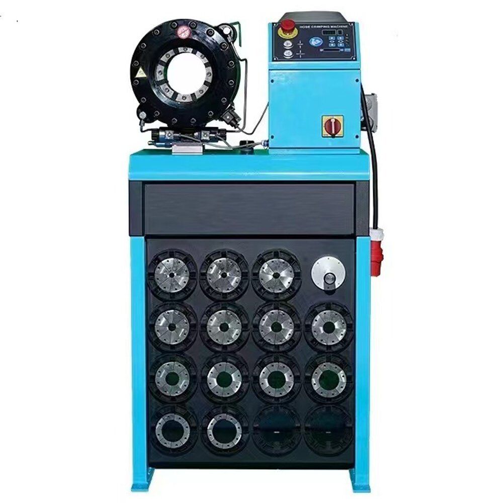 CYT-P32D vertical hydraulic hose crimping machine for 2 inch 4SP hoses featuring integrated die storage rack for organized workshops